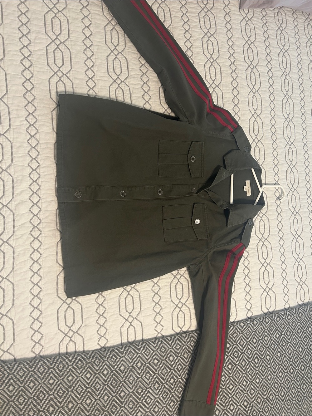 NWOT ! Honey Punch Olive Utility Jacket with Red Stripe Detail